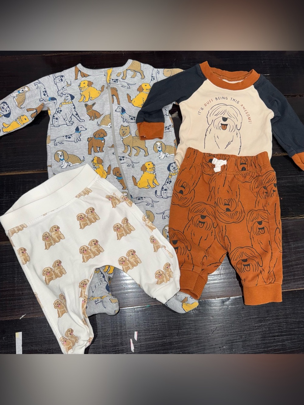 Dog-Print One-Piece and Pants Set - Rust & Cream 3 Months
